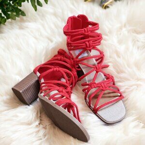 DV Dolce Vita Adira Coral Red Knotted Boho Stacked Heel Summer Sandals  Size 9.5